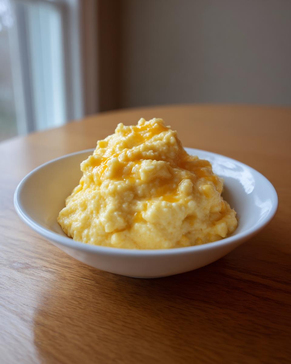 A white bowl filled with creamy, yellow cheese grits topped with melted cheddar cheese.