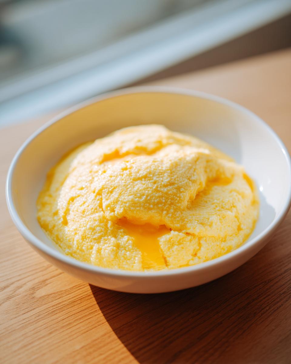 A close-up of creamy, bright yellow cheese grits served in a white bowl on a wooden table.