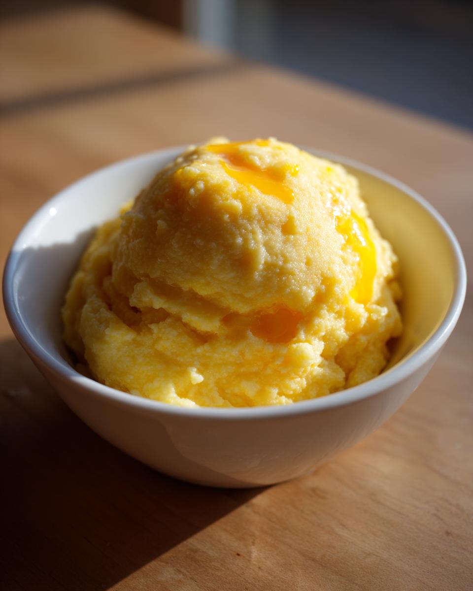 A close-up of a white bowl filled with fluffy, bright yellow cheese grits topped with a drizzle of melted butter.