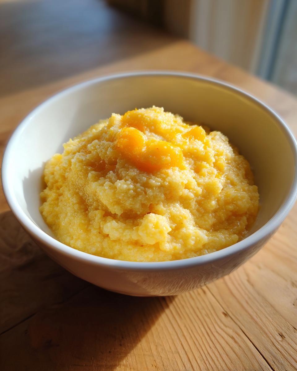 A close-up of a white bowl filled with creamy, bright yellow cheese grits, topped with melted cheese.