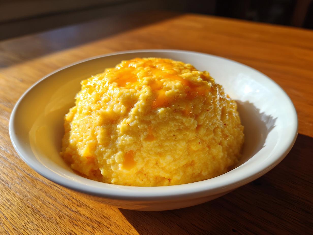 A white bowl filled with creamy, bright yellow cheese grits topped with melted cheese or butter.
