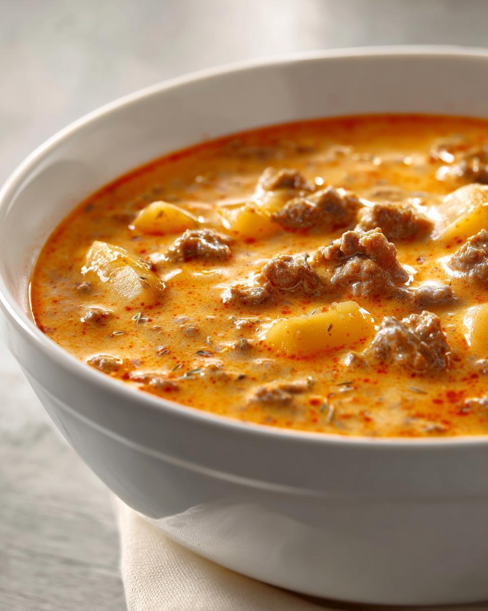 A close-up view of a hearty bowl of creamy cheeseburger soup, featuring ground beef and chunks of potato in an orange, cheesy broth.