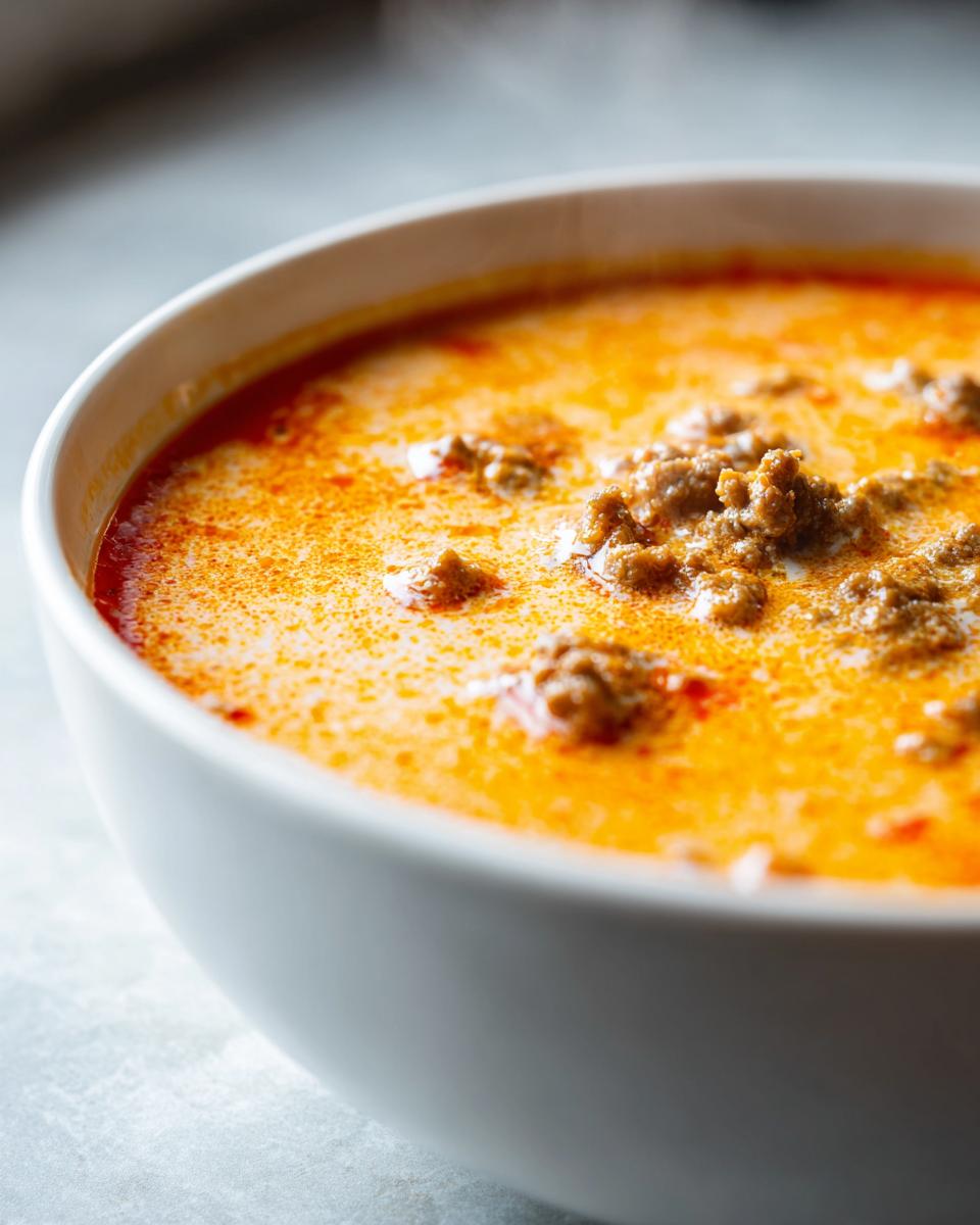 A close-up of a white bowl filled with creamy, orange-hued cheeseburger soup topped with seasoned ground beef crumbles.