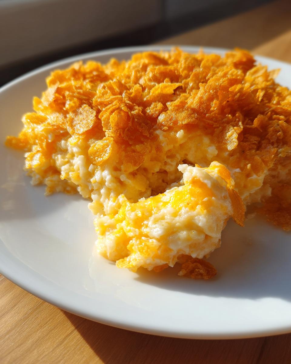 A scoop of creamy cheesy potato casserole topped with crispy, golden corn flakes on a white plate.