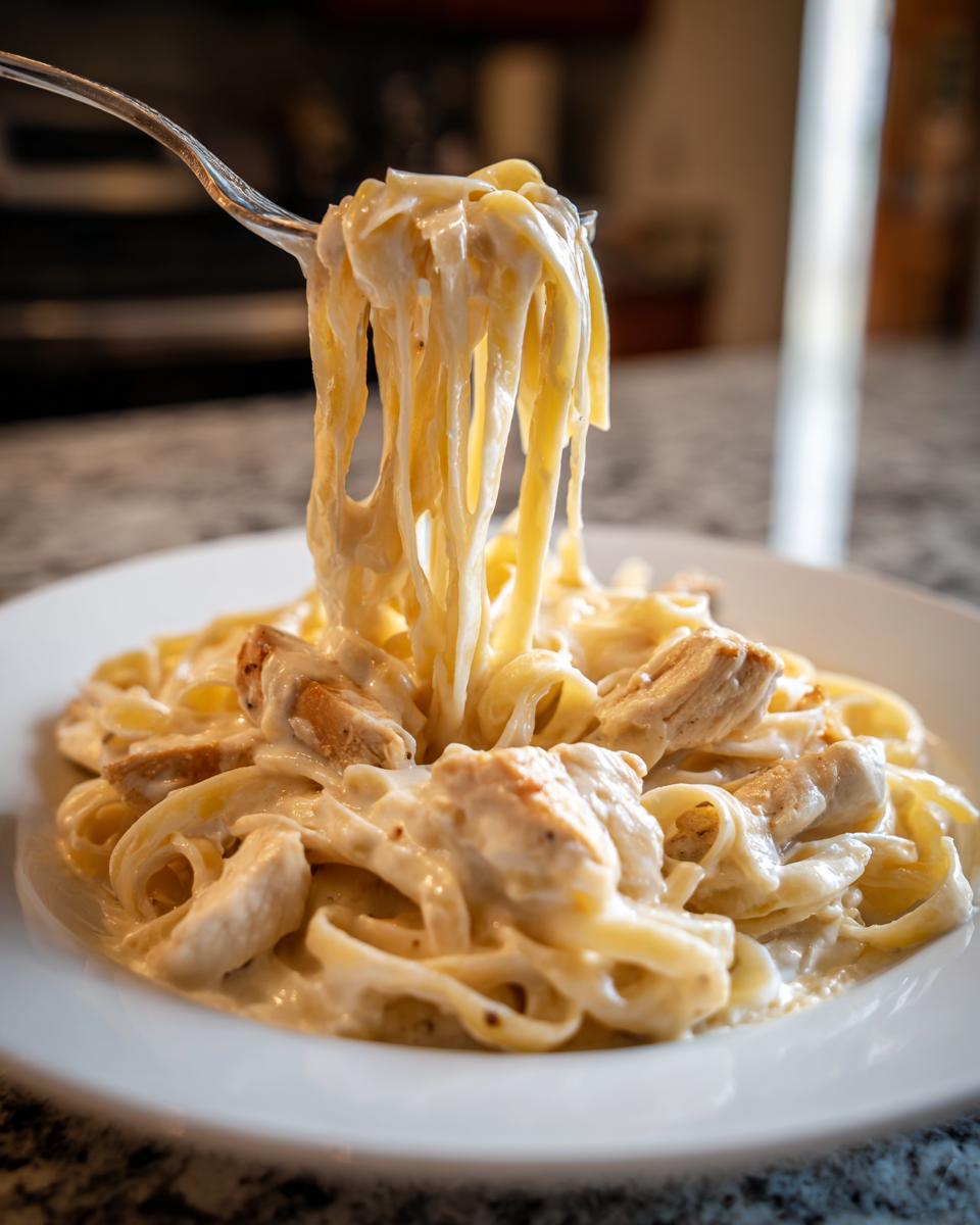 A fork lifting strands of creamy fettuccine pasta and chunks of chicken from a plate of chicken alfredo.