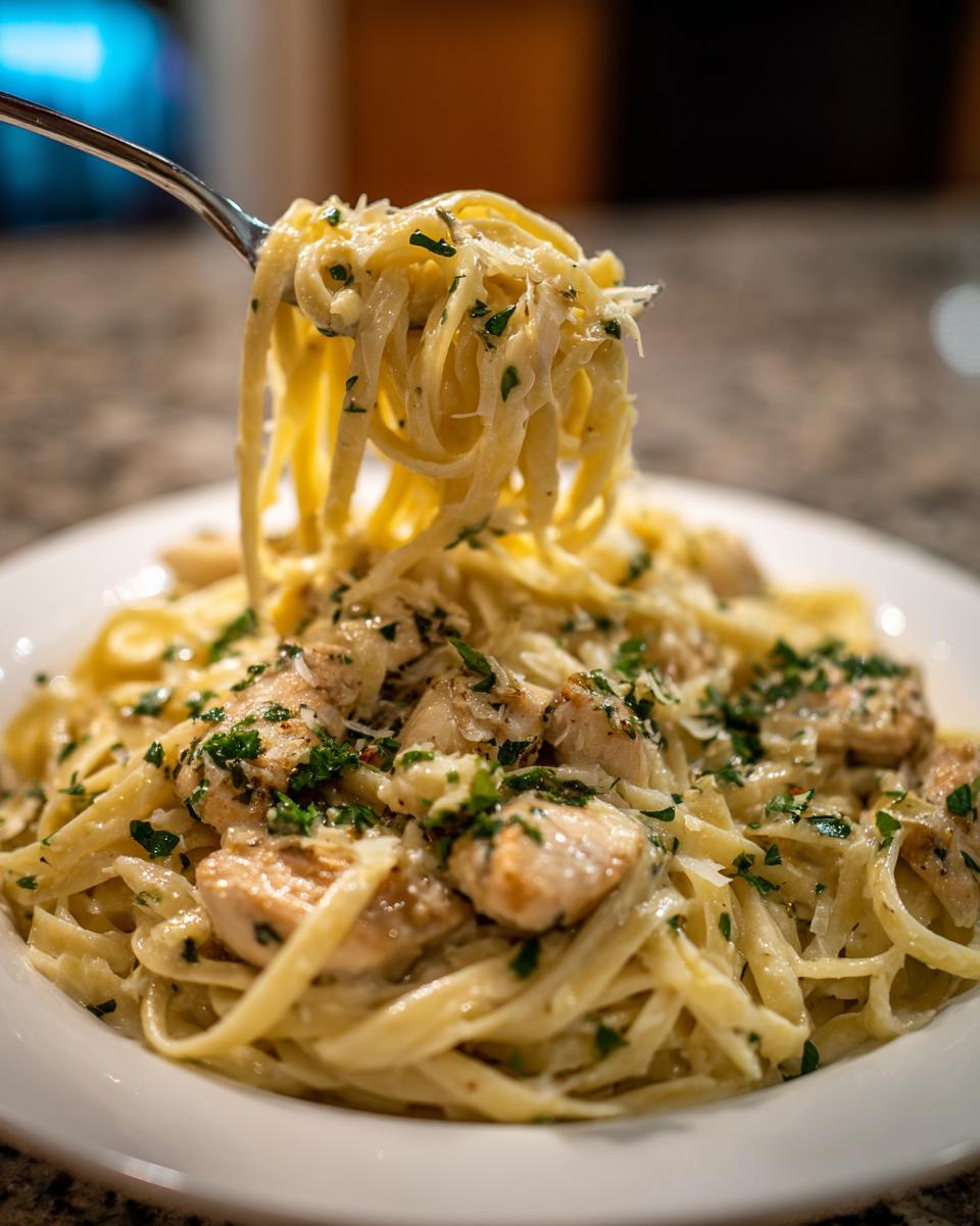 A fork lifting creamy fettuccine noodles coated in sauce, topped with chunks of chicken and fresh parsley, representing chicken alfredo.