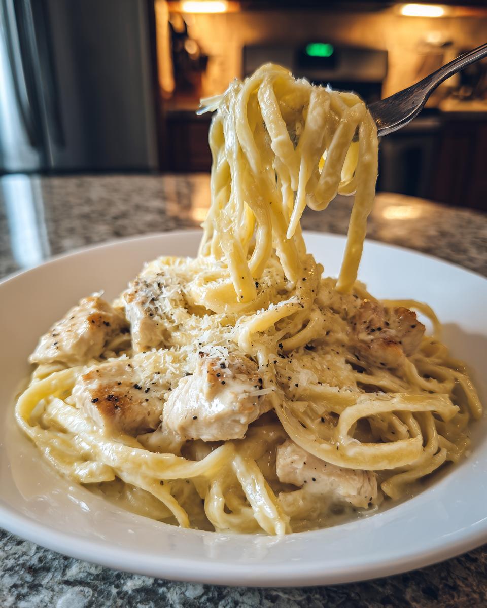 A fork lifting long strands of creamy chicken alfredo pasta, topped with grated cheese and black pepper.