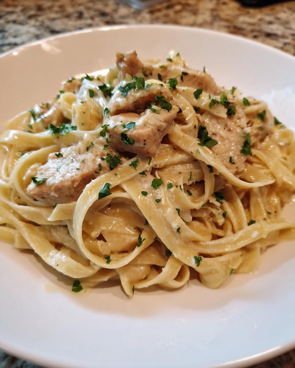 Close-up of creamy chicken alfredo pasta tossed in rich sauce and topped with chopped parsley.