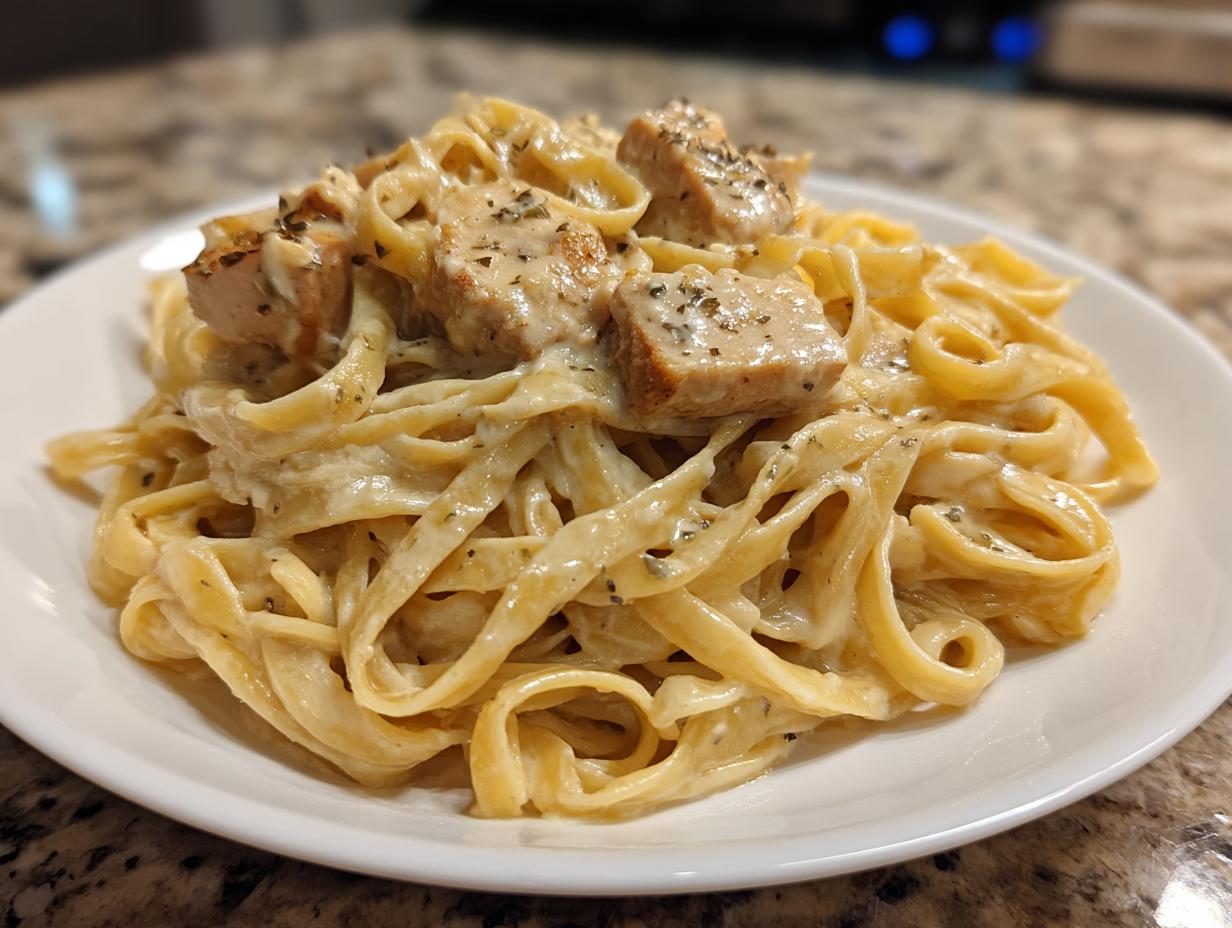 Close-up of creamy chicken alfredo pasta with fettuccine noodles and seasoned chicken chunks on a white plate.