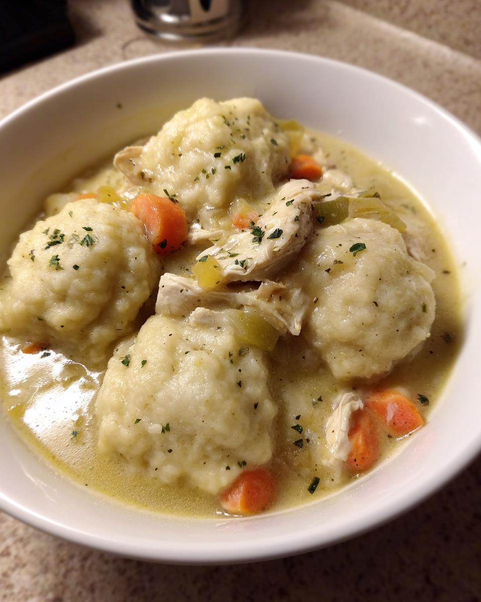Close-up of a bowl filled with creamy chicken and dumpling stew, featuring large dumplings, shredded chicken, carrots, and celery.