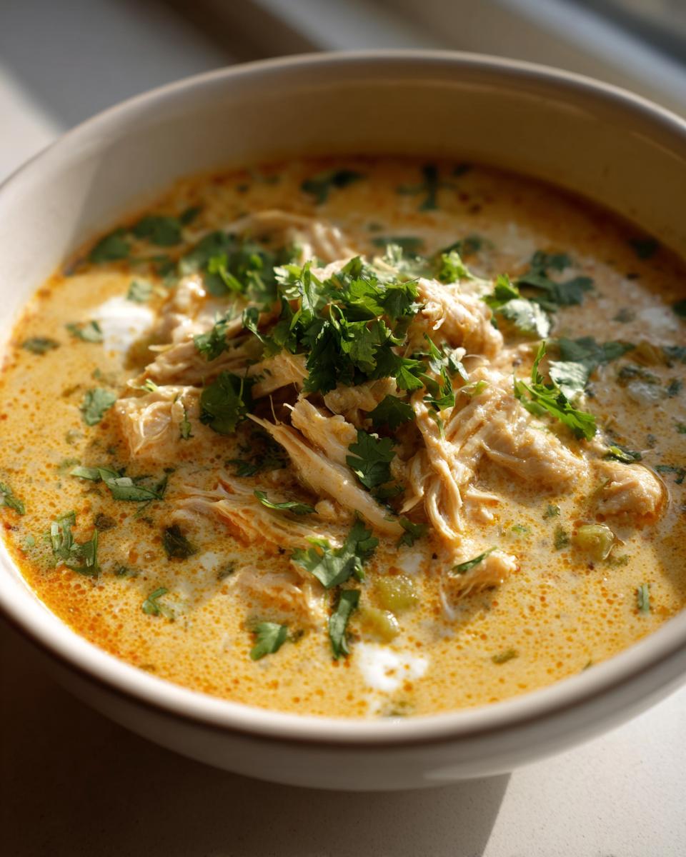 Close-up of a creamy white chicken chili recipe bowl topped with shredded chicken and fresh cilantro.
