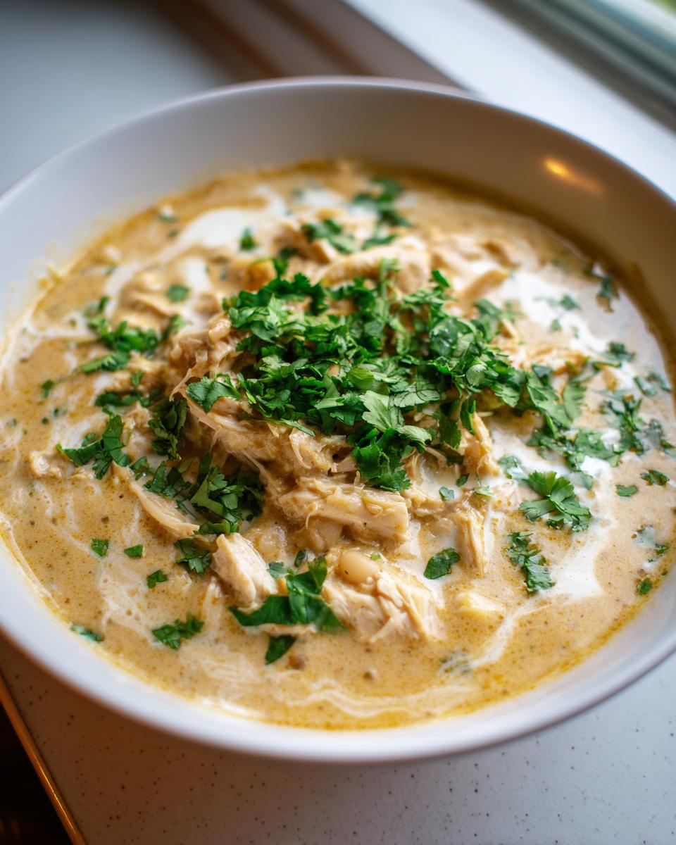 Close-up of creamy white chicken chili recipe, topped with shredded chicken, white beans, and fresh cilantro.