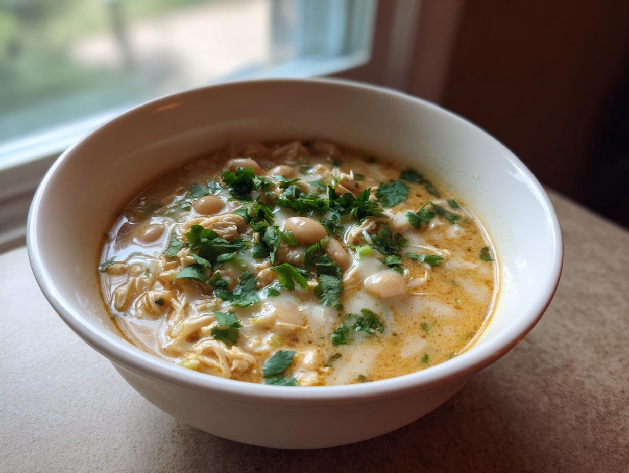 A close-up of a bowl of creamy white chicken chili recipe, topped with white beans and fresh cilantro.