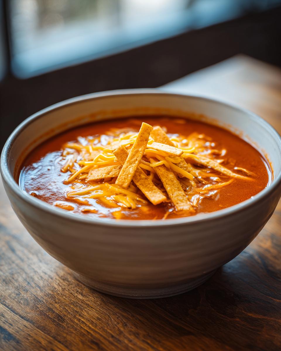 A close-up of a bowl of rich, reddish-orange creamy chicken enchilada soup topped with shredded cheese and tortilla strips.