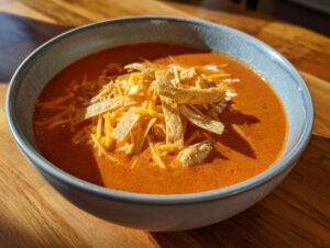 A close-up of a bowl of rich, orange creamy chicken enchilada soup topped with shredded cheese and tortilla strips.