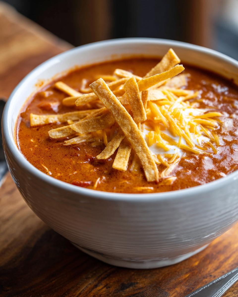 Close-up of a white bowl filled with rich, orange-red creamy chicken enchilada soup, topped with shredded cheese, sour cream, and crispy tortilla strips.