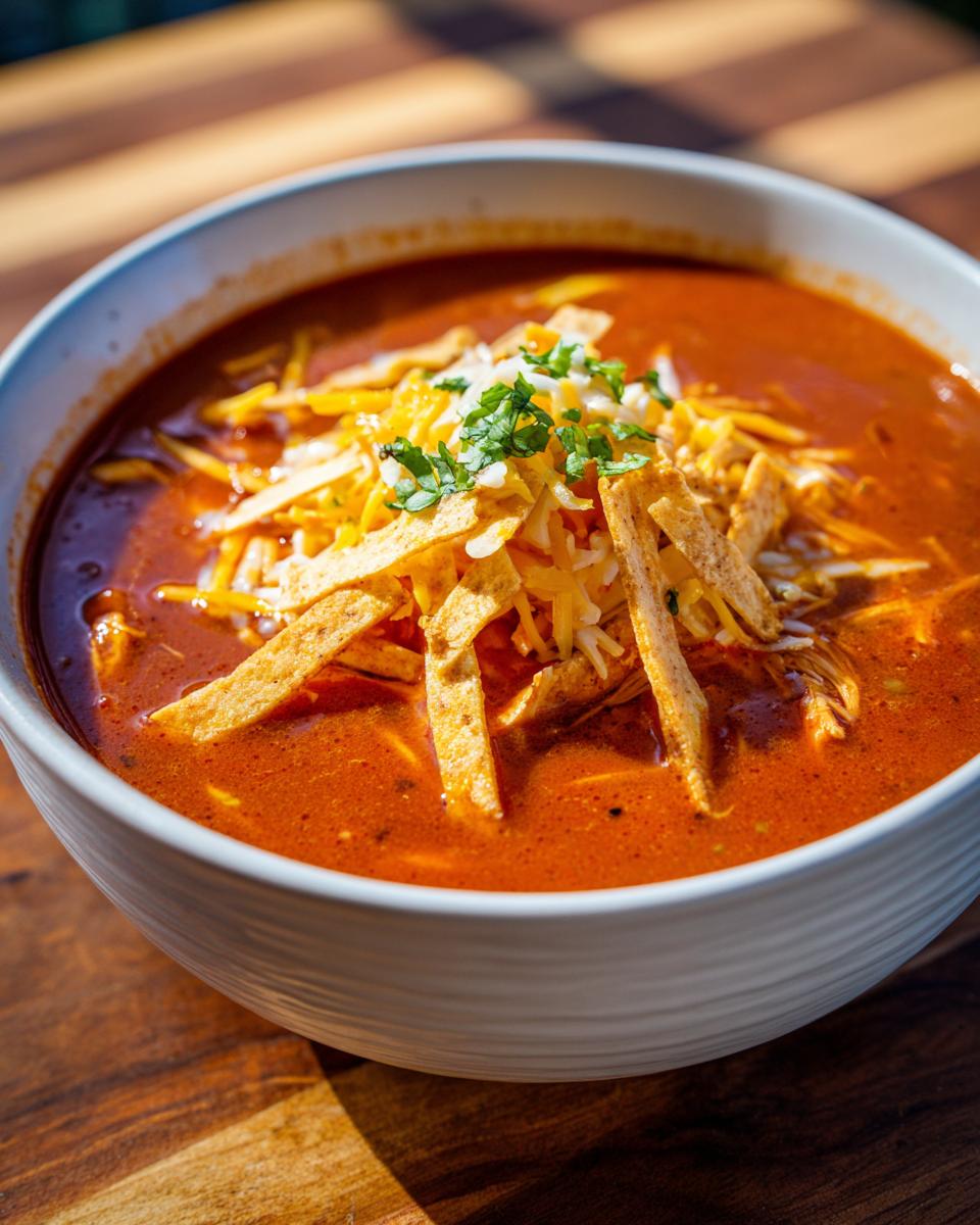 A close-up of a bowl of rich, red creamy chicken enchilada soup topped with shredded cheese, tortilla strips, and cilantro.