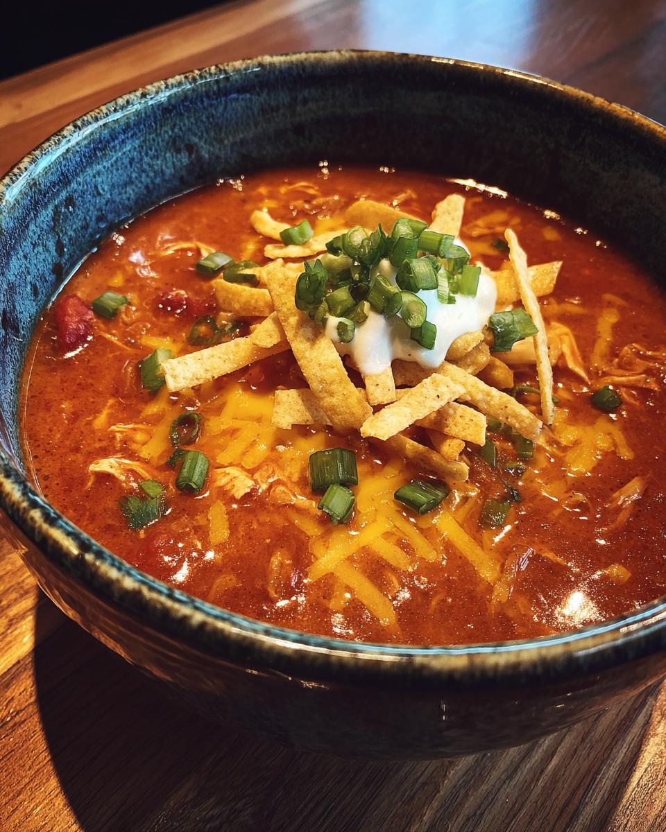 A close-up of a hearty bowl of creamy chicken enchilada soup topped with shredded cheese, tortilla strips, sour cream, and green onions.