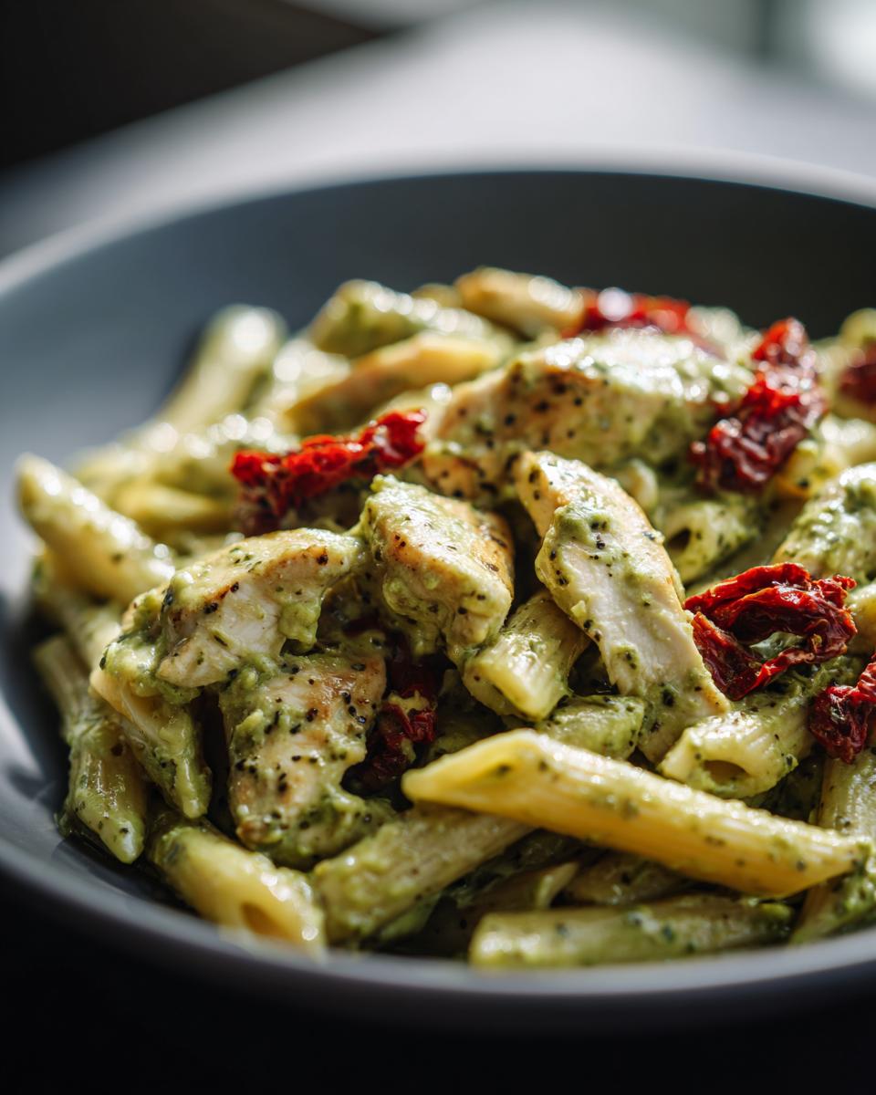 Close-up of penne pasta coated in creamy green pesto sauce with sliced chicken and sun-dried tomatoes, featuring the chicken pesto pasta.