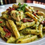 Close-up of creamy chicken pesto pasta featuring penne, chunks of chicken, and sun-dried tomatoes, garnished with basil.