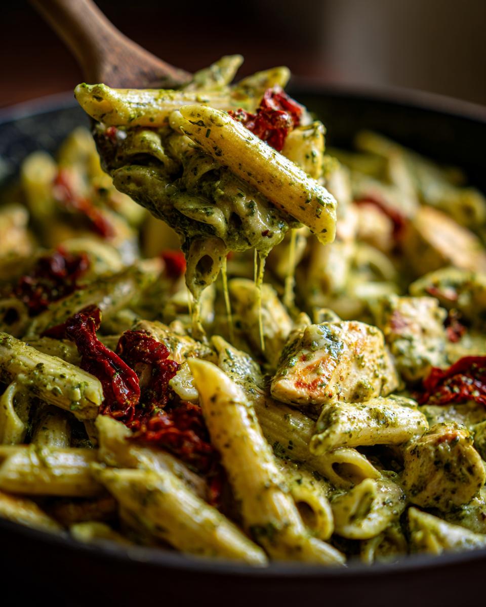 A wooden spoon lifts a generous serving of creamy chicken pesto pasta, showing penne coated in green sauce and chunks of chicken and sun-dried tomatoes.