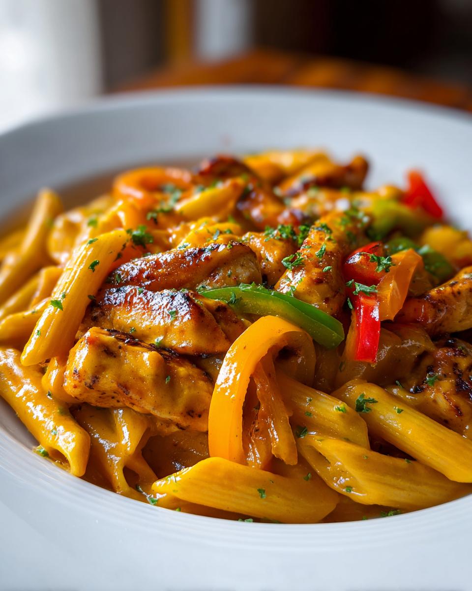 Close-up of creamy Rasta Pasta featuring penne, grilled chicken pieces, and colorful bell peppers.