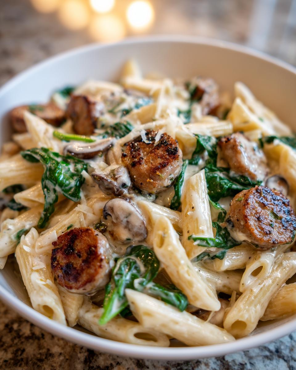 Close-up of creamy chicken sausage pasta featuring penne, seared sausage slices, spinach, and mushrooms.