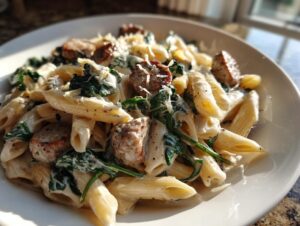 Close-up of a serving of creamy chicken sausage pasta with penne, spinach, and grated cheese, beautifully lit.