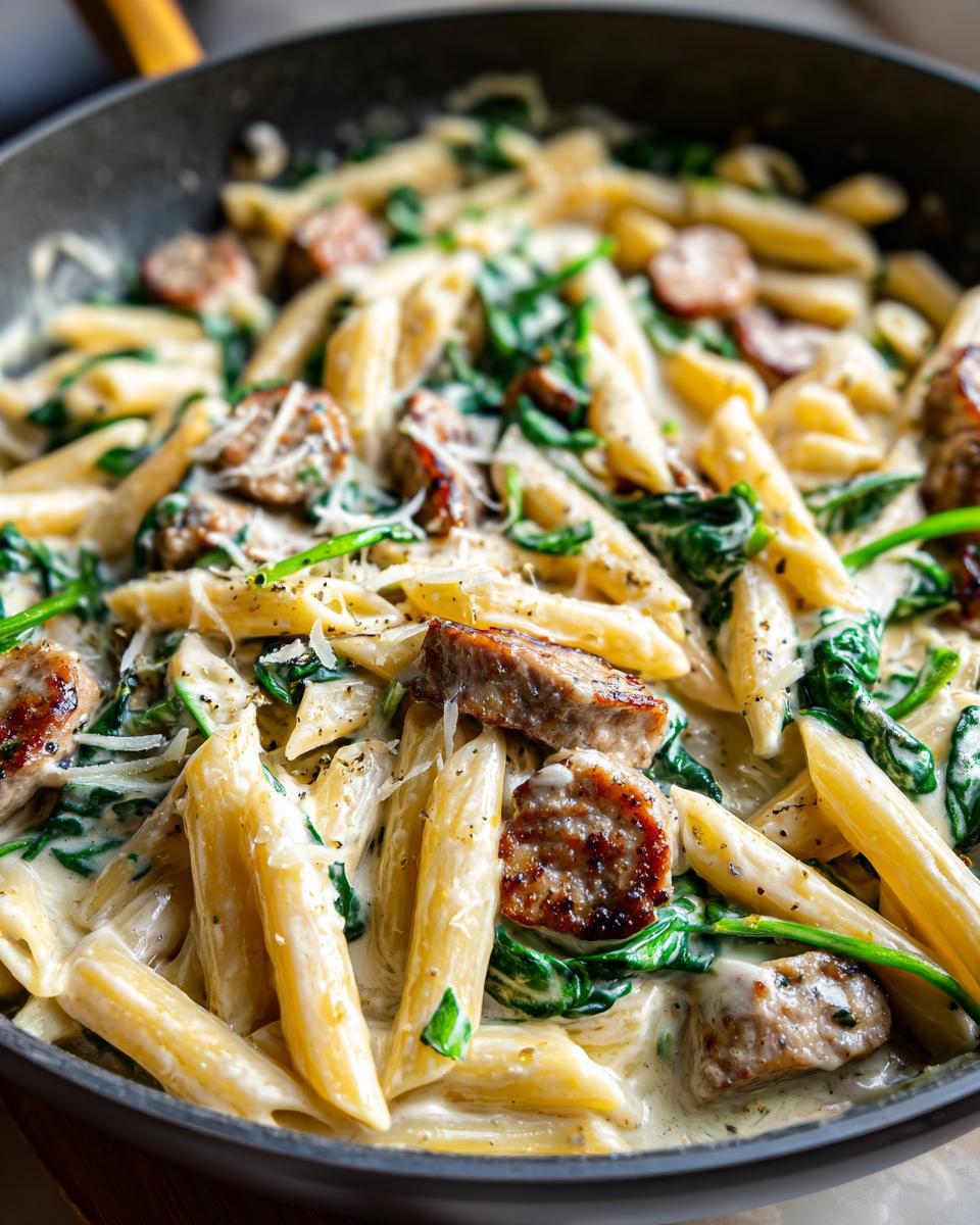 Close-up of creamy chicken sausage pasta with spinach and Parmesan cheese in a black skillet.
