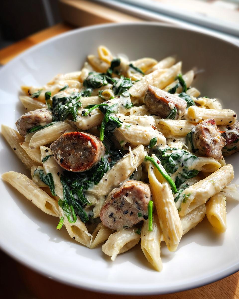 Close-up of a serving of creamy chicken sausage pasta with wilted spinach in a white bowl.