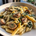 A close-up of creamy chicken sausage pasta featuring penne, sliced grilled sausage, and wilted spinach, topped with parmesan cheese.