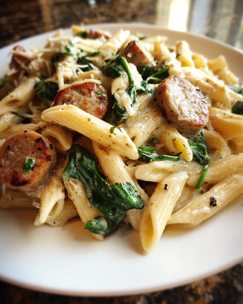 Close-up of creamy chicken sausage pasta featuring penne, browned sausage slices, and wilted spinach, topped with Parmesan.