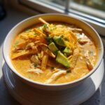 A close-up of a bowl of creamy chicken tortilla soup topped with shredded cheese, avocado, and tortilla strips.