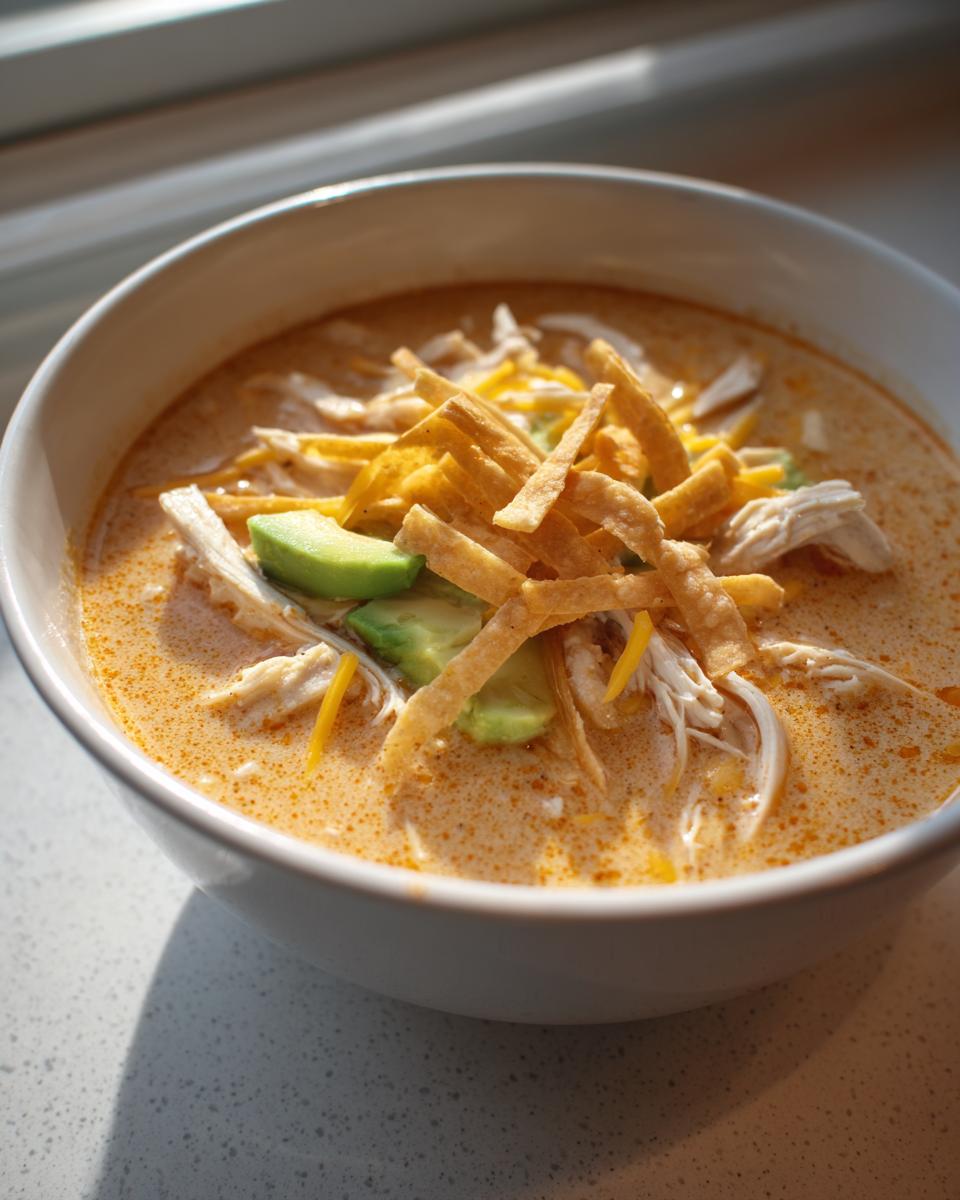 A close-up of a white bowl filled with creamy chicken tortilla soup, topped with shredded chicken, avocado slices, and crispy tortilla strips.