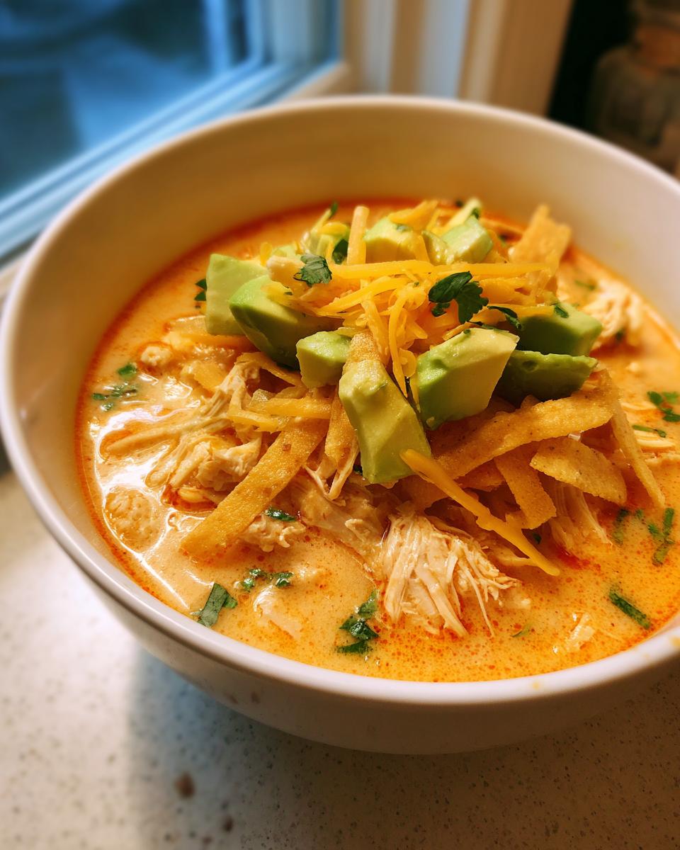 A close-up of a bowl of creamy chicken tortilla soup topped with shredded chicken, avocado, cheese, and tortilla strips.