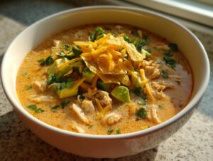 A close-up of a bowl of creamy chicken tortilla soup topped with avocado, shredded cheese, tortilla strips, and cilantro.