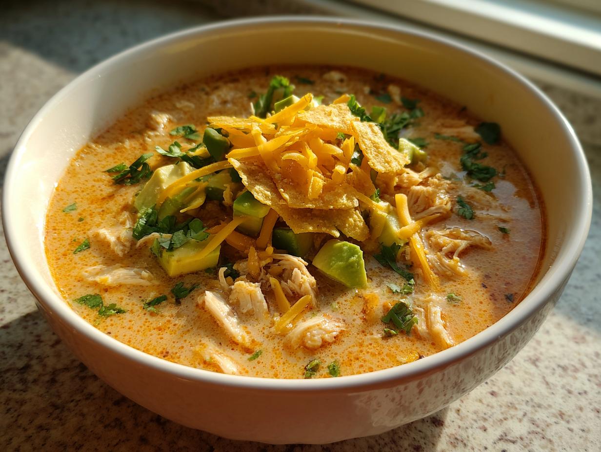 A close-up of a bowl of creamy chicken tortilla soup topped with avocado, shredded cheese, tortilla strips, and cilantro.
