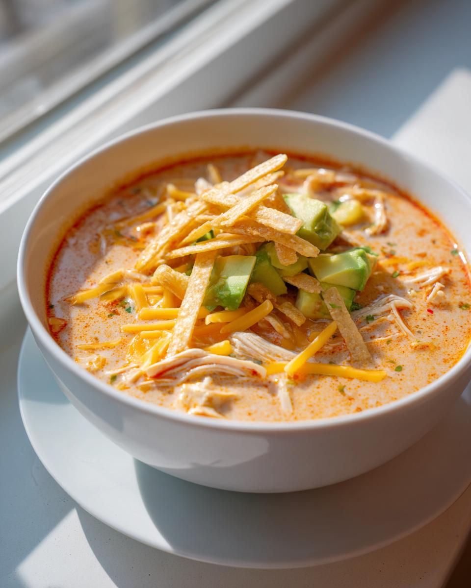 A close-up of a bowl of creamy chicken tortilla soup topped with avocado, tortilla strips, and shredded cheese.
