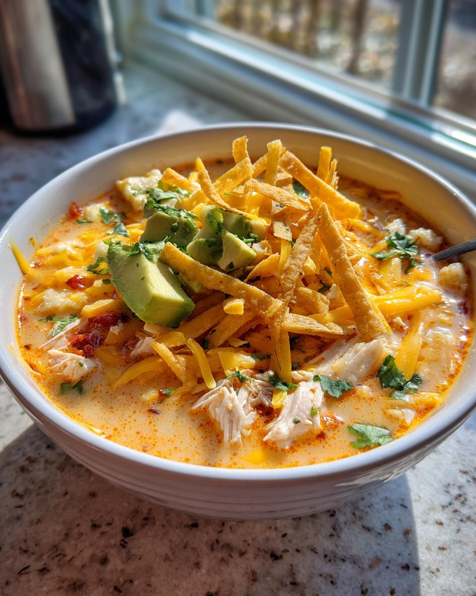 A close-up of a bowl of creamy chicken tortilla soup topped with shredded cheese, avocado, and crispy tortilla strips.