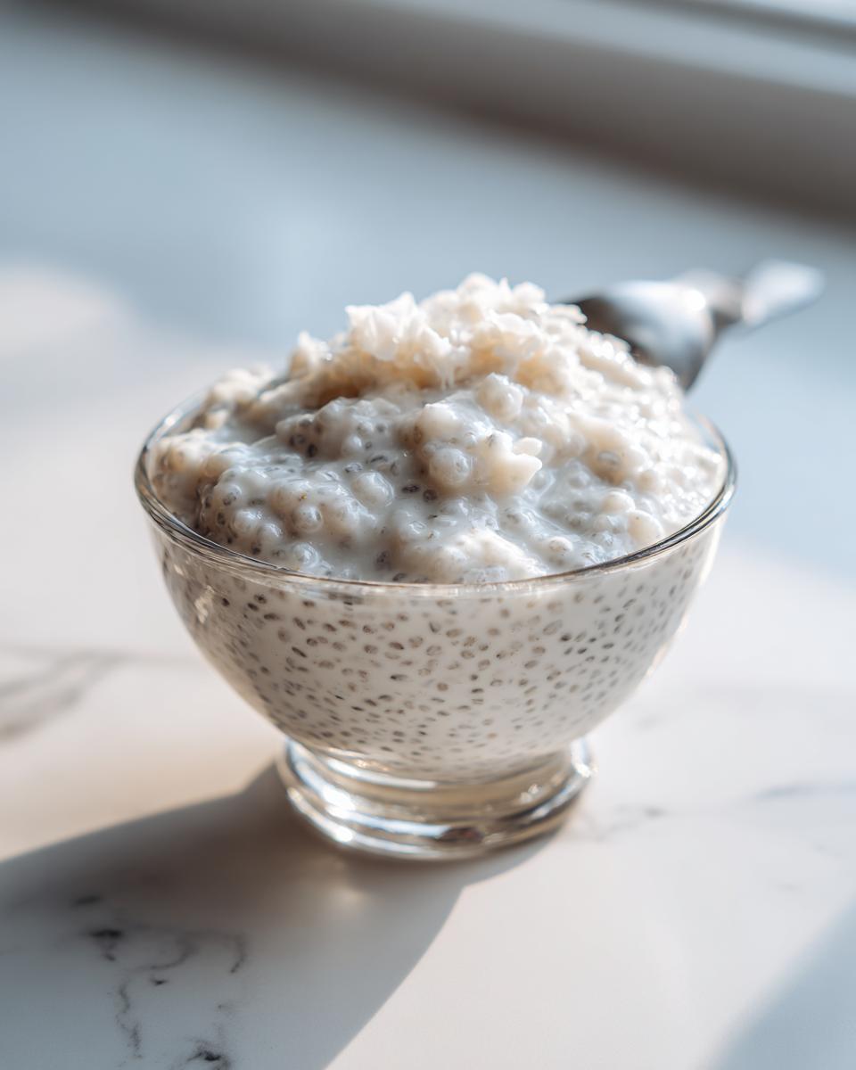 A glass bowl filled with creamy coconut chia pudding, topped with shredded coconut.