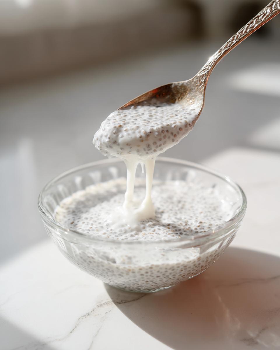 A spoonful of creamy coconut chia pudding dripping back into a clear bowl.