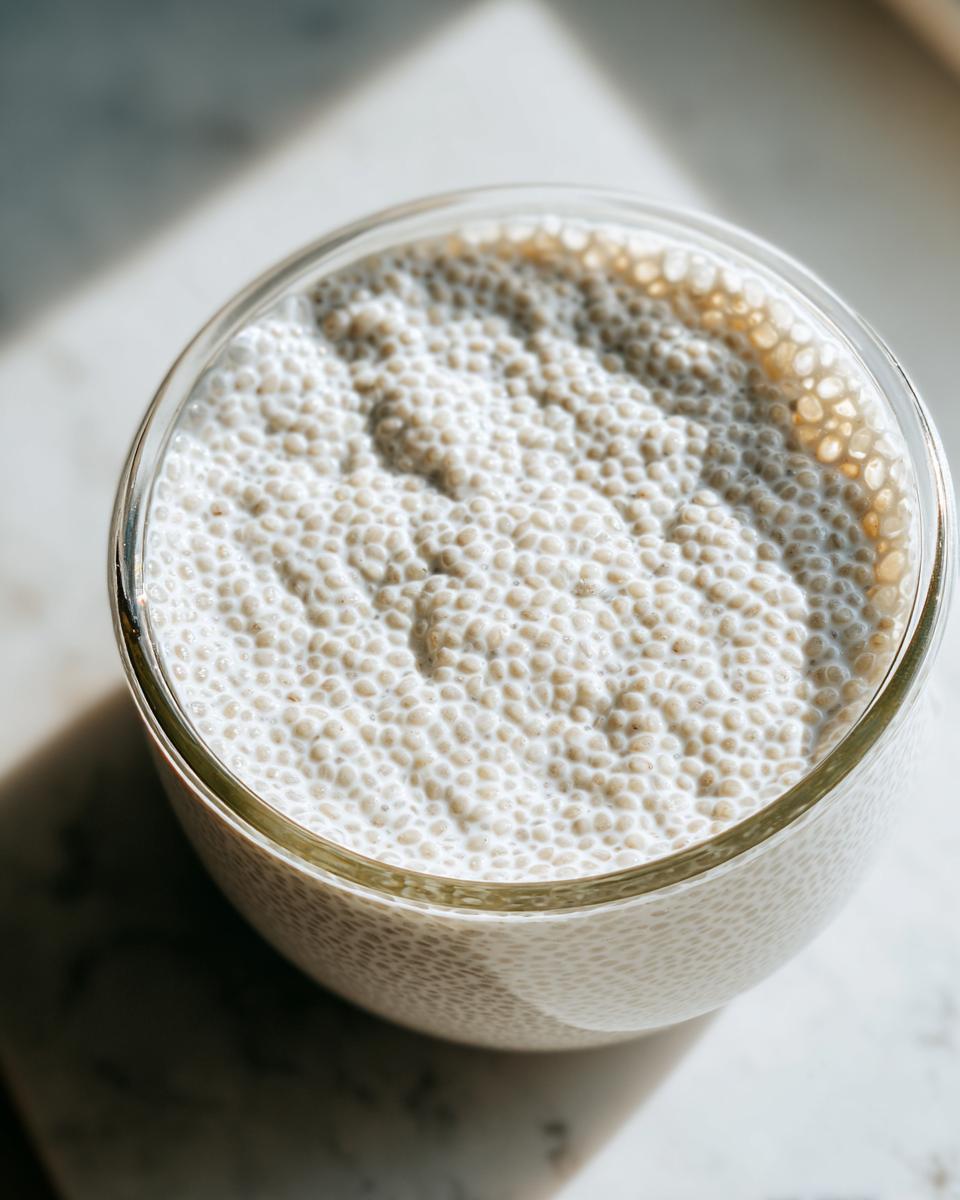 Overhead close-up of creamy coconut chia pudding showing the swollen seeds in a glass jar.