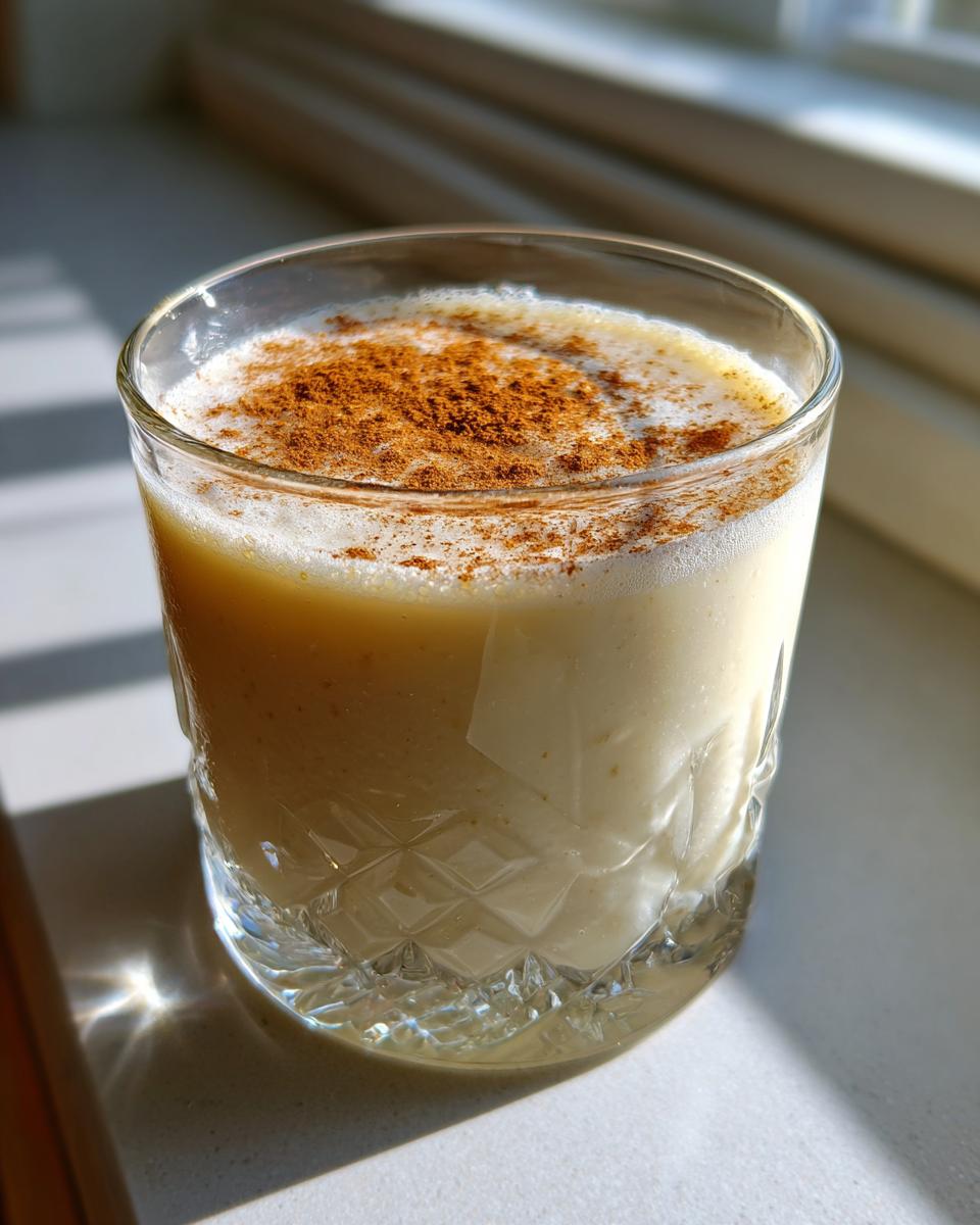 A glass filled with creamy, light yellow coquito topped generously with ground cinnamon.