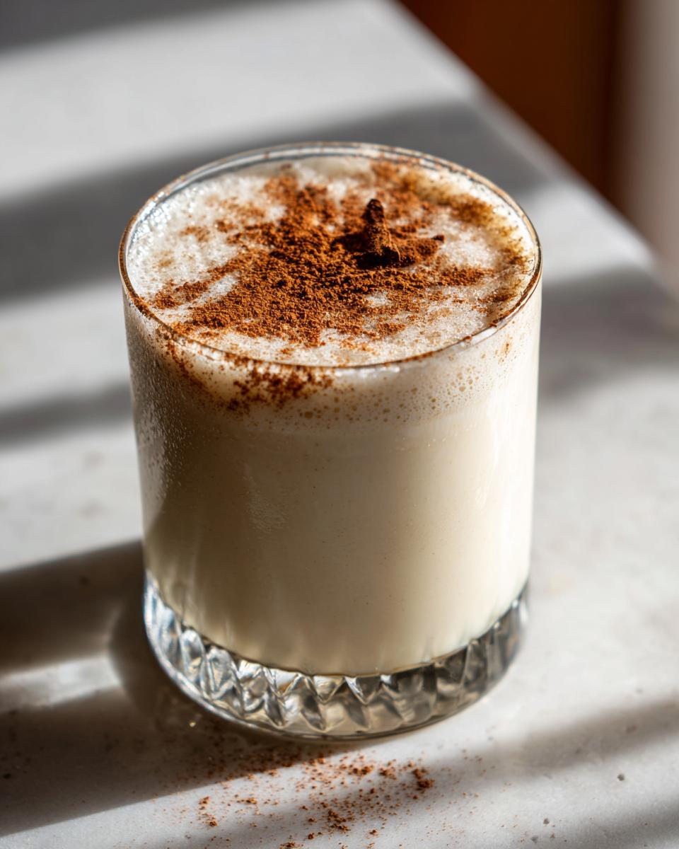 A glass of creamy, chilled coquito topped generously with ground cinnamon, sitting on a light surface.