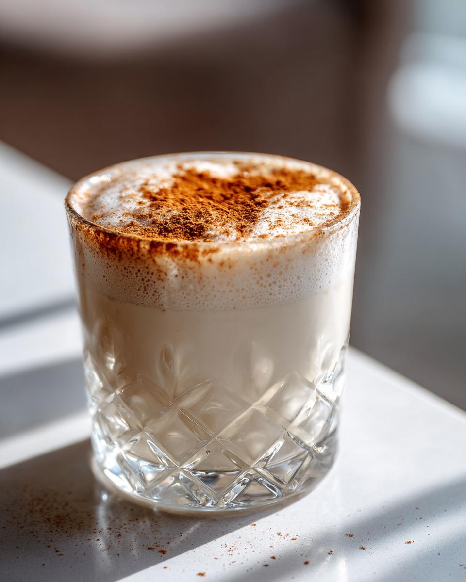 A glass of creamy coquito topped with a dusting of ground cinnamon, sitting on a bright white surface.