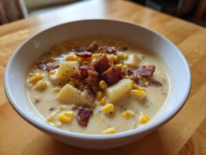 A close-up of a white bowl filled with creamy corn chowder, featuring chunks of potato, corn, and crispy bacon bits.