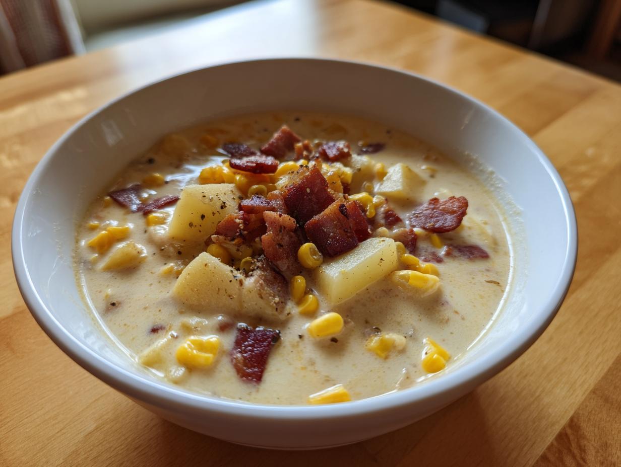 A close-up of a white bowl filled with creamy corn chowder, featuring chunks of potato, corn, and crispy bacon bits.