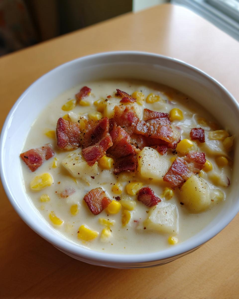 A close-up of a white bowl filled with creamy corn chowder, featuring corn kernels, potato chunks, and crispy bacon bits.
