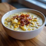 A white bowl filled with rich, creamy corn chowder, featuring chunks of potato and topped generously with crispy bacon pieces.