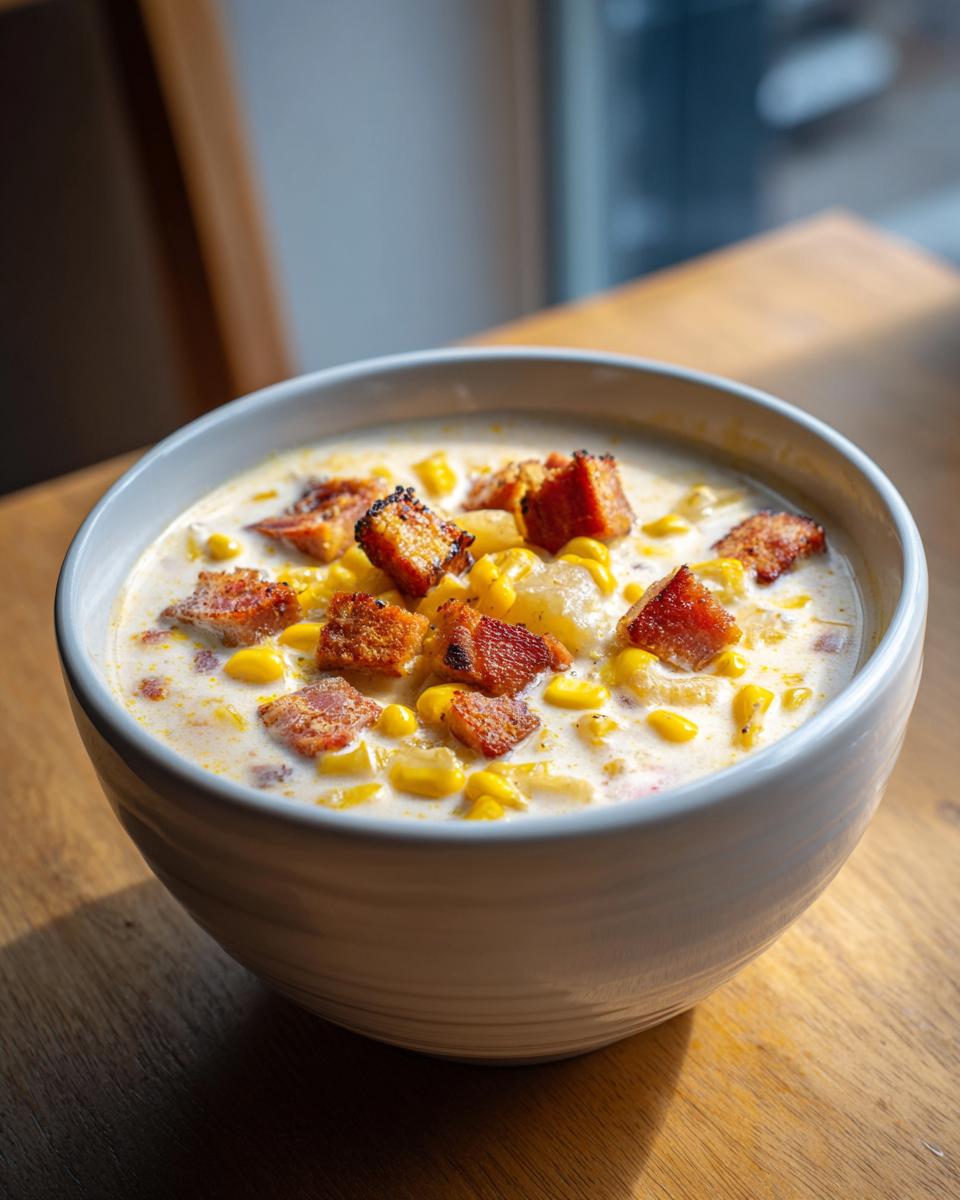 A close-up of a bowl of creamy corn chowder topped with golden corn kernels and crispy bacon pieces.
